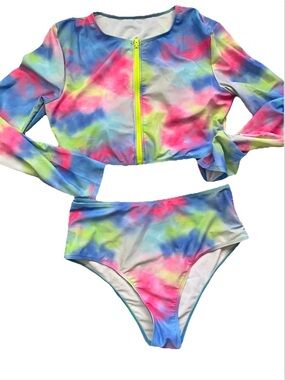 Neon Tie-Dye Long Sleeve Zip Swim Set - Pink Blue Green